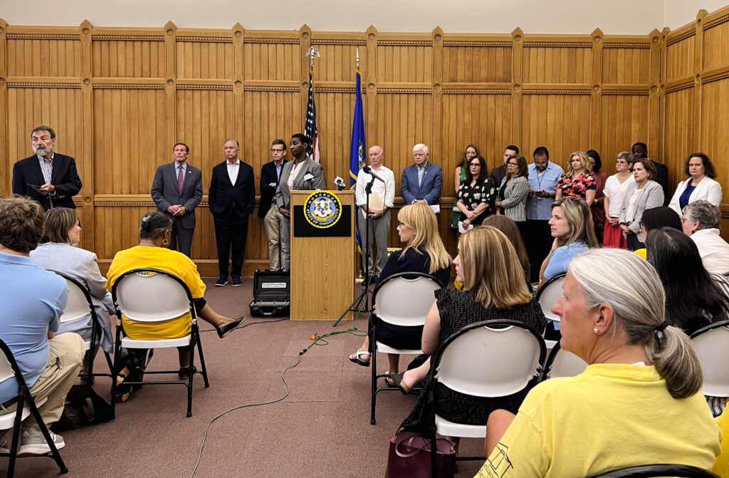 A photo of a news conference from the Legislative Office Building in Hartford CT